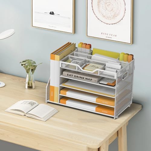 5 Tier Paper Letter Tray Desk Organizer with Pen Holders - White