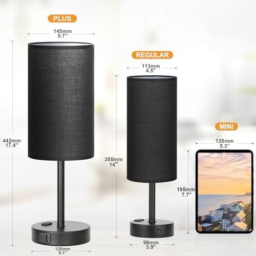 17" Tall Bedside Lamp Set of 2 - Touch Bedroom Lamp with USB A+C, AC Outlet