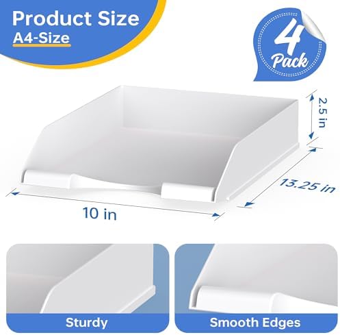 4 Pack Stackable Paper Trays for Letter Documents, Desktop File Organizers for Office Supplies, Stackable Desk Tray Holder for Paper Storage, Black