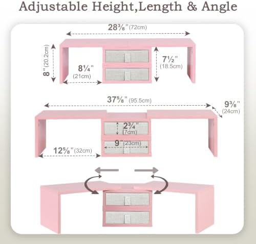 TEAMIX Pink Dual Monitor Stand Riser with 2 Drawers - Length and Angle Adjustable Double Corner Desk Shelf Organizer 37 inch for 2 Laptop/PC/Screen/TV (2 Drawers - 8''H)