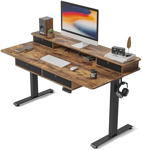 FEZIBO 48 x 24 inch Standing Electric Desk with Drawers, Rustic Brown