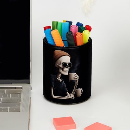 Cool Skeleton Drinking Coffee Pen Holder Pencil Organizer Cute Pencil Cup Desk Decor Makeup Brush Holder PU Multifunctional Office Supplies for Home Classroom School