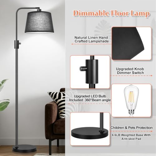 Nintiue [Upgraded] Dimmable Floor Lamp, 1000 Lumens LED Edison Bulb Included, Black Shade, Modern Arc Standing Tall Floor Lamp for Living Room Bedroom Office Dining Room