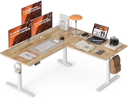 Grandder 63 x 55 Inch L Shaped Standing Desk, Electric Height Adjustable Corner Stand Up Desk, Sit Stand Corner Table Home Office Table, Oak Top White Frame