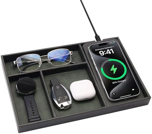 Valet Tray, Built in Wireless Charging Pad, Nightstand Organizer