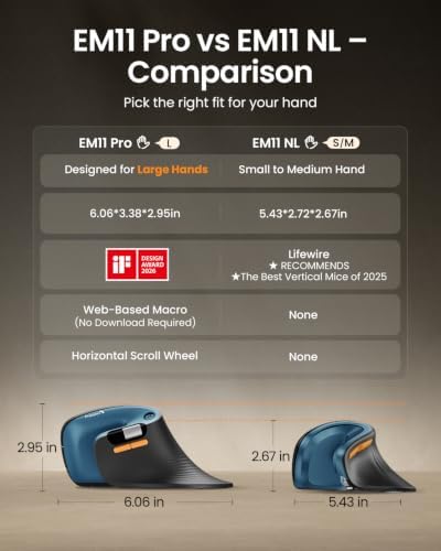 ProtoArc EM11 Pro Ergonomic Mouse for Large Hands, Side Scroll, Blue
