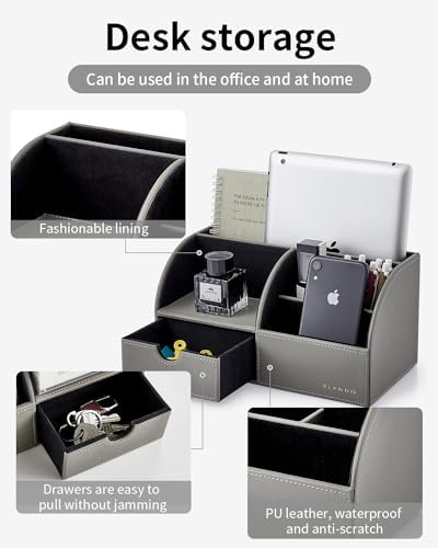 VLANDO Desk Organizer with Drawer for Office, Vanity and Nightstand, Grey