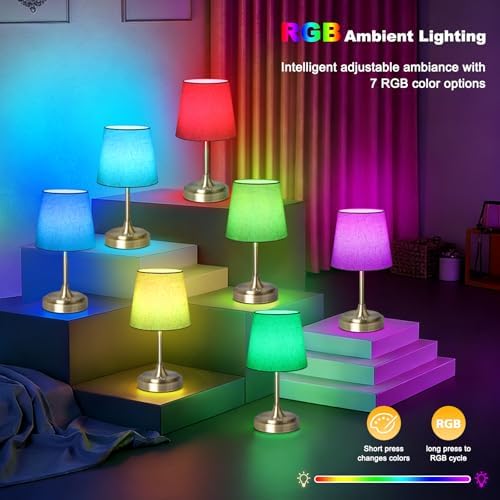 Wowag Small Cordless Table Lamp Rechargeable,5000mAh Battery Operated Desk Lamp,3 Colors & 7 RGB Stepless Dimmable,Touch Ambient Light for Bedside,Bedroom,Dining Room,Living Room,Bronze,FlaxenShade