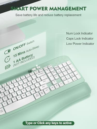 EAYBLLY 2.4G Wireless Ergonomic Keyboard, Full Size Wave Keys with Memory Foam Wrist Rest & 7.28in Phone Holder, USB-C Adapter Included for Windows Mac Chrome OS, Office or Home (Mint Green)