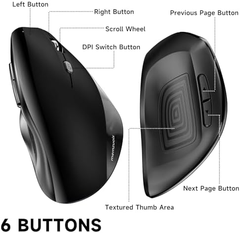memzuoix Ergonomic Wireless Mouse, 2.4G Optical Cordless, 800/1200/1600 DPI, Vertical Computer Mouse for Laptop, Mac, PC, Desktop (Right Hand, Large) - Black