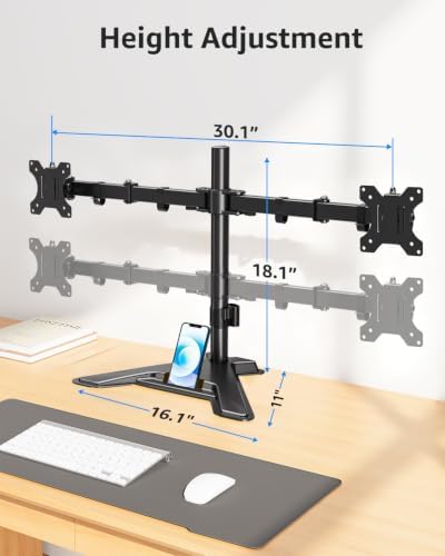 MOUNTUP Dual Monitor Stand - Freestanding & Height Adjustable Monitor Desk Mount, Steady VESA Mount Holds Max 17.6 lbs, Computer Monitor Stand for 2 Screens up to 27 inches, For Home Office