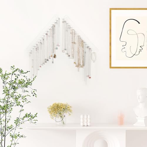 Acrylic Necklace Holder 4 Pack Wall Mounted Necklace Organizer Hanging Jewelry Organizer with 17 Hooks for Necklaces, Bracelets, Rings and Bangles Display (14.17 inch)