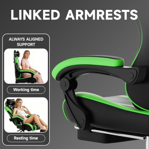 Ergonomic Gaming Chair,A Versatile 3-in-1 Video Game Chair for Work, Study, and Gaming,Features an Adjustable Backrest, Footrest, and Linked Armrests Office Chair for Adults,Blackgreen