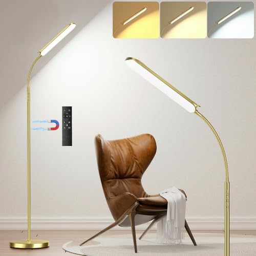 Dimmable LED Floor Lamp, Super Bright Reading Lamps Floor Standing lamp with Remote & Touch Control, Stepless Dimming & 2700K-6500K Color Temperature, for Living Room Bedroom Office, Brassed Gold