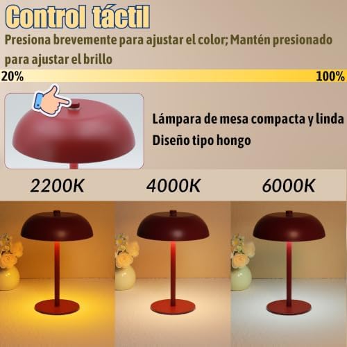 Cordless LED Mushroom Table Lamp, 5200mAh Battery, Dimmable 3 Color, Red