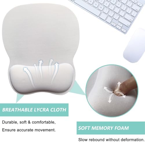 Mouse Pad with Wrist Support, Ergonomic Mousepad with Comfortable Memory Foam Wrist Rest Cushion, Relieve Wrist Pain, Non-Slip Rubber Base Gaming Mice Pad for Home Office Computer Laptop, White