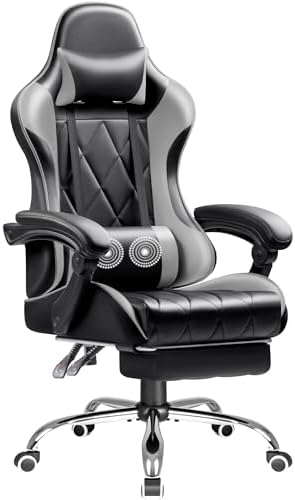 Shahoo Gaming Chair with Footrest and Massage Lumbar Support, Ergonomic Office Computer Seat Height Adjustable with Headrest, Grey