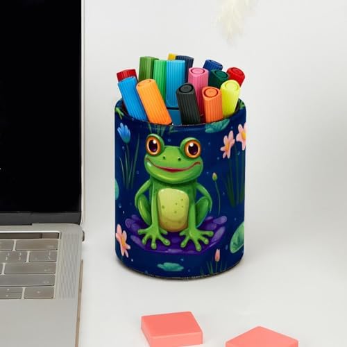 Pencil Holder for Desk, Cute Frog Pen Cup Makeup Brush Holder, Leather Desktop Organizer Storage Case Stationery for School Home Office Supplies