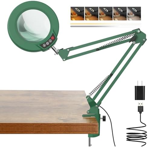 10X Magnifying Glass with Light and Clamp, Real Glass Stand Lighted Magnifier, 5 Color Modes Stepless Dimmable LED Desk Lamp Hands Free for Crafts Hobby Reading Painting Sewing Close Work - Green