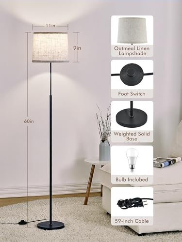 60" Modern Floor Lamp with Linen Shade, 3 Color LED Bulb & Foot Switch