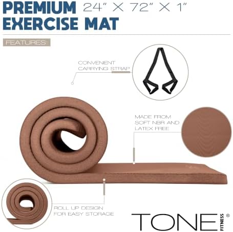 Tone Fitness 1" Extra Thick Yoga Mat, Exercise & Pilates Mat with Strap