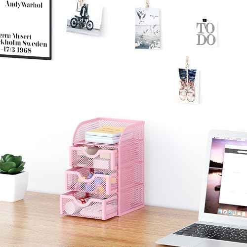 EasyPAG Mesh Desk Organizer with 3 Drawer Office Desktop Organizers and Accessories Stationery Caddy for Office, Home, Students, Pink