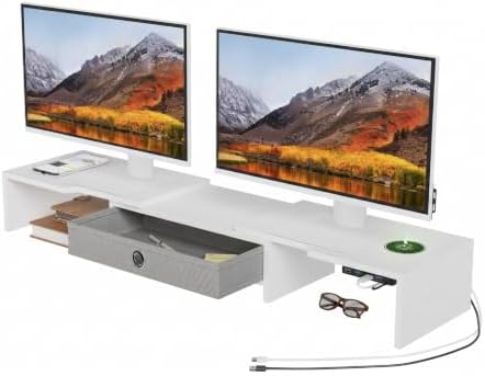 LAPTAIN Dual Monitor Stand Riser with Drawer, Adjustable Desk Organizer