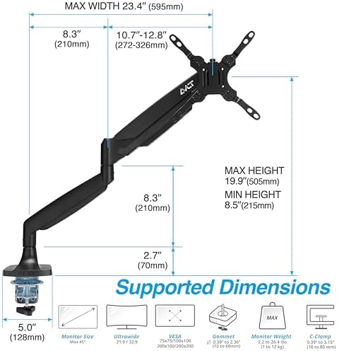 AVLT Single 17"-45" Monitor Arm Desk Mount Premium - Black