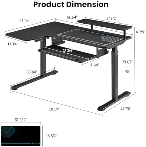EUREKA ERGONOMIC 55 Inch L Shaped Electric Standing Desk, Height Adjustable Computer Gaming Desk with Keyboard Tray, Mouse Pad, Home Office Work,Carbon Fiber Black, Left Side