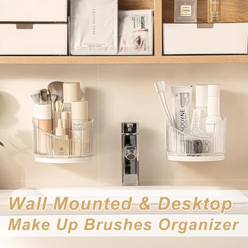 Makeup Brush Holder 360° Rotatable Cosmetic Organizer, Wall Mounted & Desktop Make Up Brushes Organizer with 6 Slots, Multifunction Stationery Desk Storage Holder (Black)