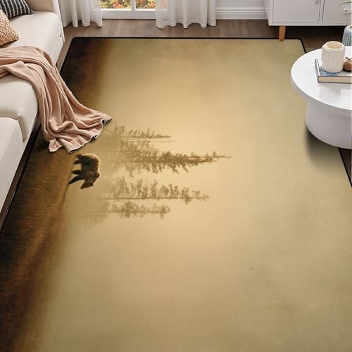 Solitary Bear Amidst Autumn Pine Trees Soft Earth Tones Area Rug Outdoor Patio Rug Play Mat Modern Floor Carpet Non-Slip Home Decor Living Room Kids Bedroom Nursery, 6x9 ft