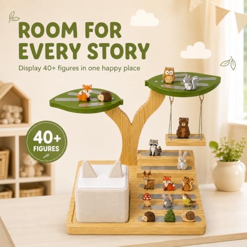 Tree Display Shelf Compatible with Toniebox, Wooden Figurine Organizer with Player Charging Dock, 20+ Capacity, Silver Chain Swing, Desk Storage
