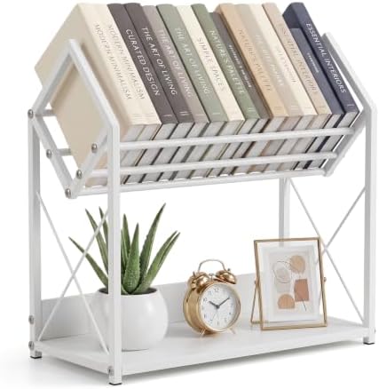 Desktop Bookshelf Organizer, 2 Tier Wood Desk Shelf for Tabletop Storage, Small Desktop Shelf for Office Home Dorm, Table Shelf Book Rack for Books/Supplies/Decor Display (White)