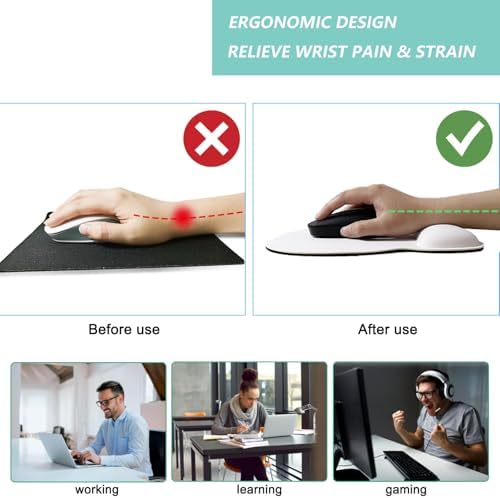 Mouse Pad with Wrist Support, Ergonomic Mousepad with Comfortable Memory Foam Wrist Rest Cushion, Relieve Wrist Pain, Non-Slip Rubber Base Gaming Mice Pad for Home Office Computer Laptop, White
