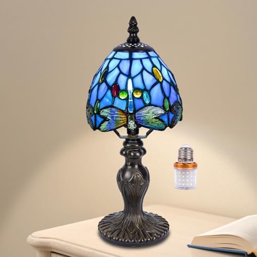 Small Tiffany Table Lamp, 3 Color-Temperature Dragonfly Stained Glass Lamp,6 Inch Tiffany Style Lamp for Bedroom Living Room Home, Handcrafted Light, Included Bulb (Blue)