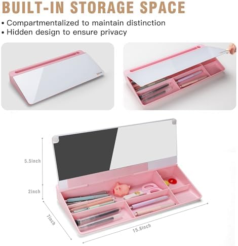 SELEAD Desktop Glass Whiteboard with Storage & Built-in Mirror, Pink