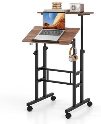 Tangkula Mobile Standing Desk, Height-Adjustable Laptop Podium Cart with Tilting Tabletop & Adjustable Angle, Rolling Stand Up Computer Desk with 2 Hanging Hooks & Lockable Casters for Home Office