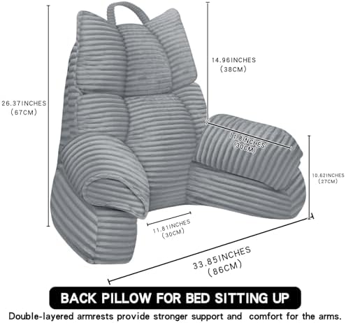 Reading Pillow for Bed with Arms, Back Support, Memory Foam（Smoke Gray）