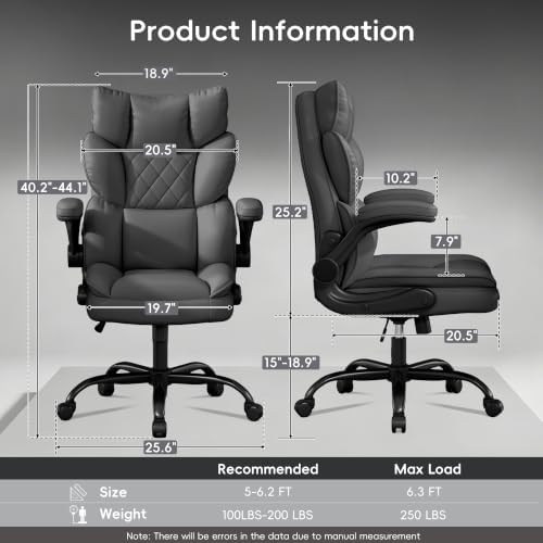 Vonesse Office Chair, Desk Chair with Flip-up Armrests, Gaming Chair with Double-Layered Soft Backrest,PU Leather Computer Executive Chair with Breathable Seat Cushion (Grey)