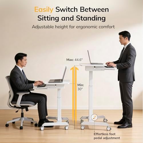 Mount-It! Height Adjustable Rolling Laptop Desk with Keyboard Tray, Mobile Sit-Stand Computer Cart with Wheels, Small Standing Desk for Home, Office, or Classroom, 23.6" x 20.5", White