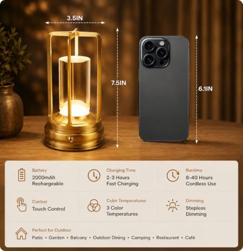 Cordless Table Lamp, Rechargeable LED Outdoor Table Lamp, Touch Control, 3 Color Temperatures, Stepless Dimming for Patio, Deck, Garden & Outdoor Dining, Gold