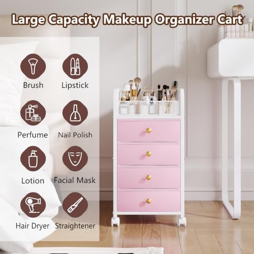 Rolling Makeup Organizer Cart - Under Desk Storage with 4 Drawers