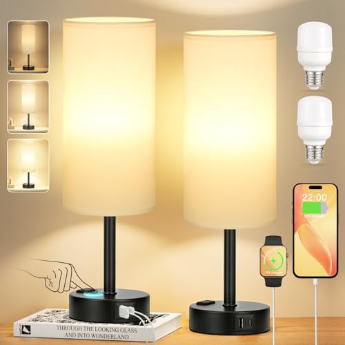 Touch Bedside Table Lamps Set of 2 - Bedroom Lamp with USB A+C, AC Outlet