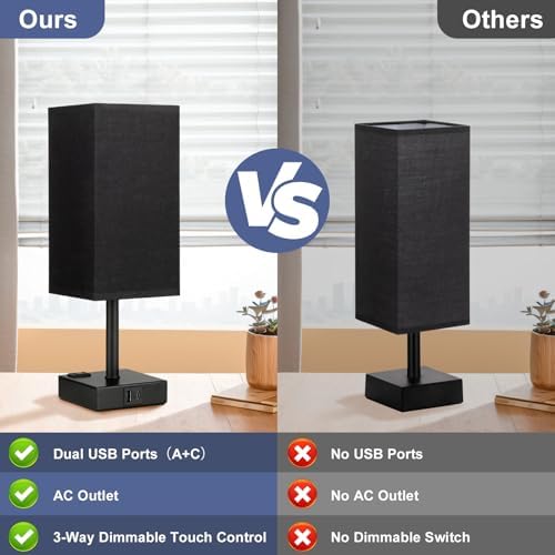 Set of 2 Black Table Lamp for Bedroom - Dimmable Touch, USB C+A, AC Outlet