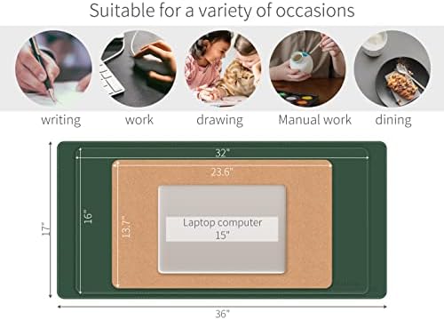 RENMTURE Dual-Sided Mouse Pad, Natural Cork & PU Leather Large Desk Pad for Office and Home Work, Desk Protector Non-Slip, Waterproof, Easy Clean (Dark Green, 32"x16")