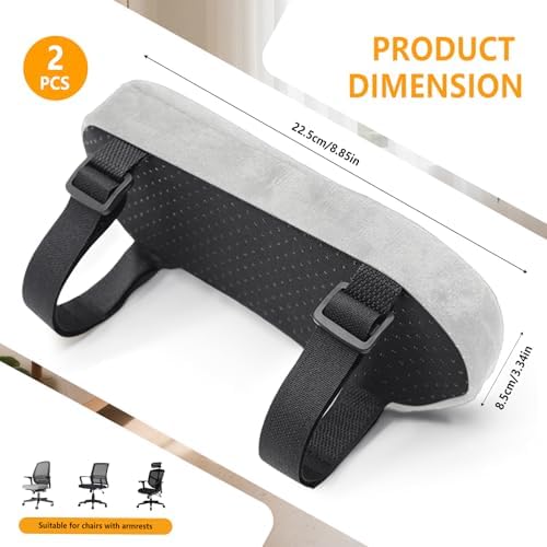 Set of 2 Soft Memory Foam Office Chair Arm Covers, Wheelchair Armrest Pads for Elbow & Forearm Pressure Relief, Chair Arm Rest Pads Cushions for for Office Desk Gaming Chair, Grey