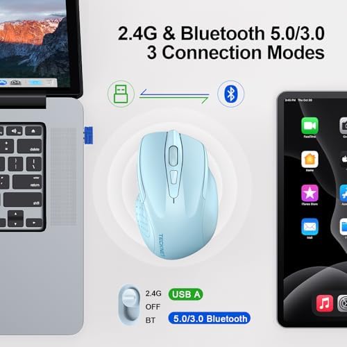 TECKNET Wireless Mouse, BT 5.0/2.4G, Silent 4800 DPI 6 Buttons, Lightblue