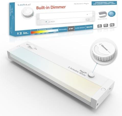 Leetdud Under Cabinet Lighting Plug in or Hardwired Built-in Dimmer, 12 Inch 6W, 5CCT 2700/3000/3500/4000/5000K, Linkable Counter Lights for Kitchen, ETL Dimmable LED Light Fixture, White