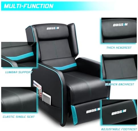 BOSSIN Gaming Recliner Chair for Adults 400lbs Racing Style Sofa Big and Tall PU Leather Recliner Seating, Modern Ergonomic Lounge Comfortable Home Movie Theater for Living Room(Cyan)
