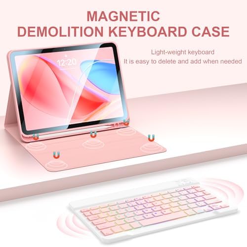 for iPad 11th 10th Generation Case with Keyboard(10.9", 2022) 7 Colors Backlight Wireless Magnetically Detachable Rechargeable BT Keyboard with Pencil Holder for New iPad 10th Gen 2022 (Pink)